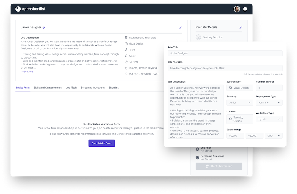 screenshot of input fields for posting a job for a freelance recruiter